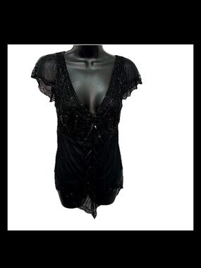 Scala Tunic NWT S Black Beaded Shear Lined Flutter Sleeve Fairy Steampunk Goth